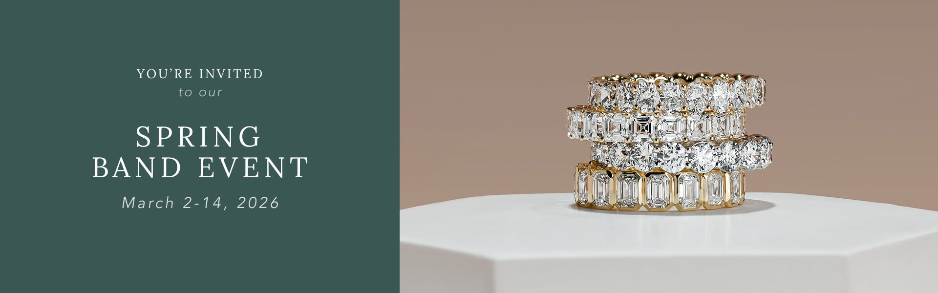 Promotional banner for a spring band event with jewelry on a stand.